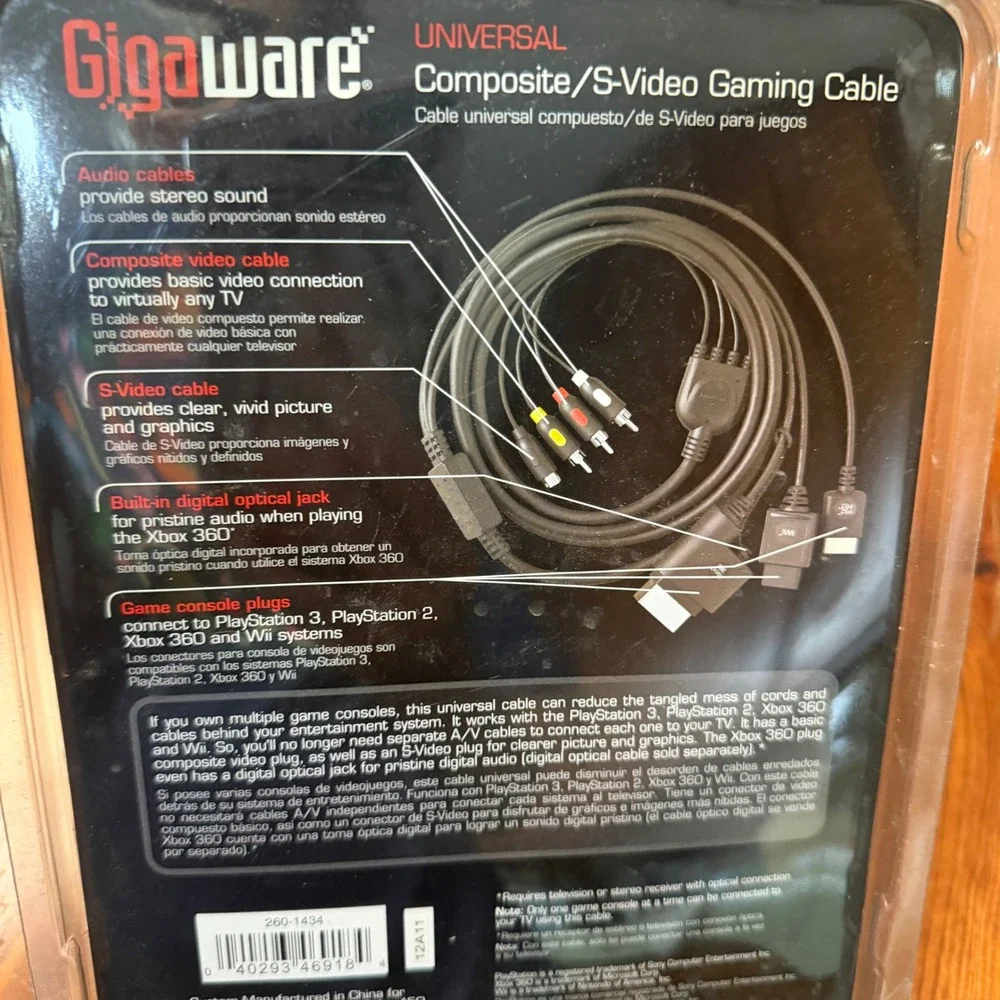 Gigaware Universal Composite S-Video Gaming Cable PS2 PS3 Xbox 360 Wii 26-1434